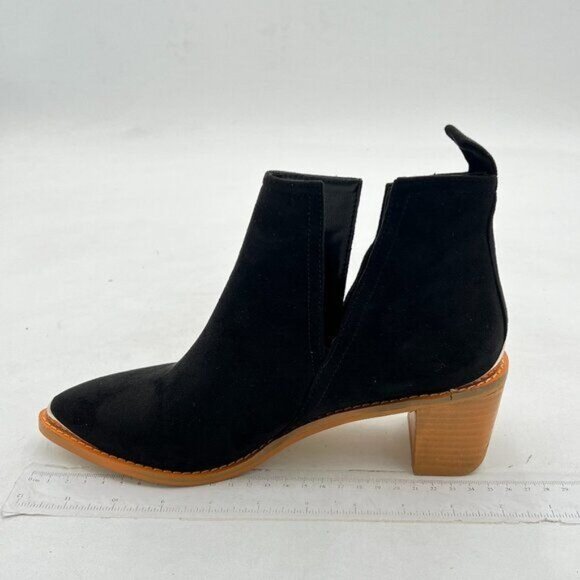 Women's Ankle Boots Slip on Cutout Pointed Toe Chunky Stacked Mid Heel Black - Picture 1 of 6